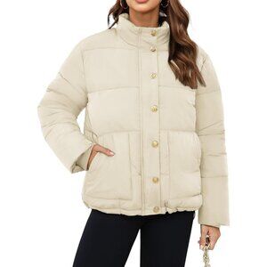 Women's Short Puffer Quilted Jacket Coat Beige Winter Zip Up Snap Button